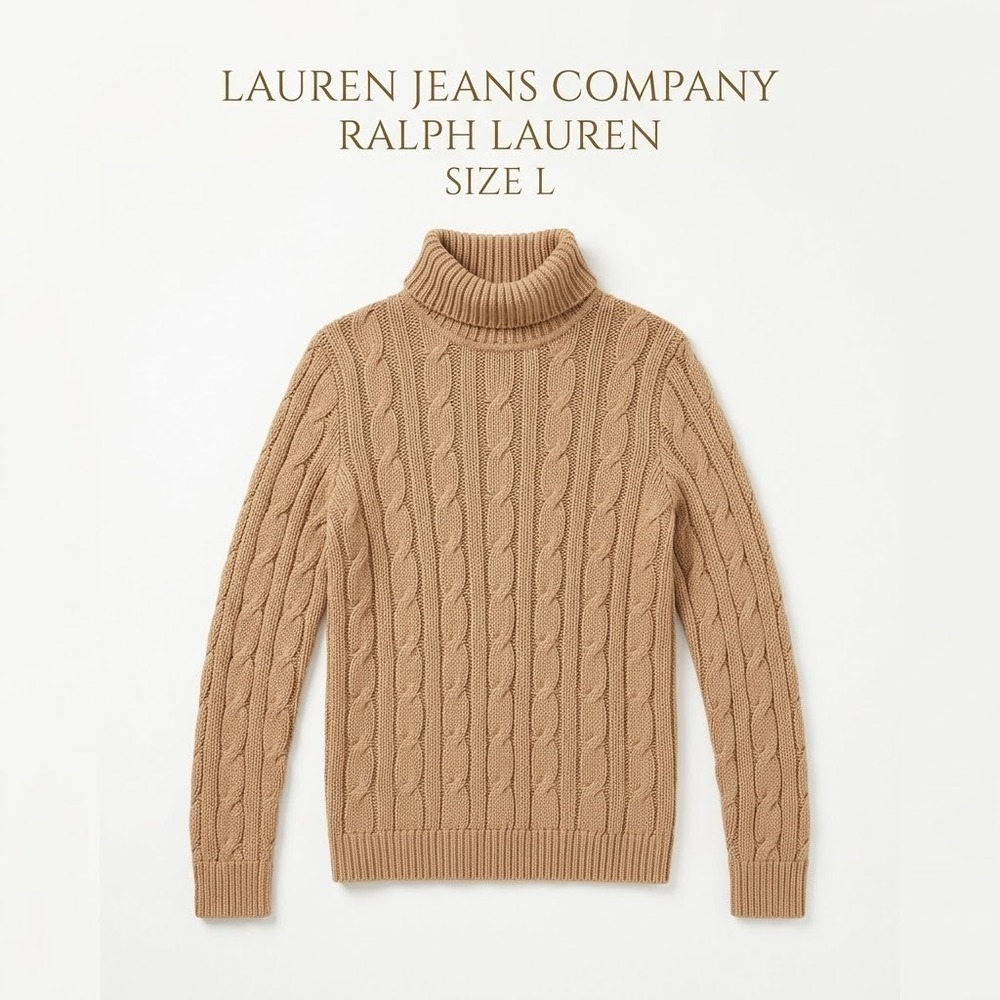 Vintage Lauren Jeans Co Ralph Lauren 100% Cotton Cable Knit Turtleneck L Tan